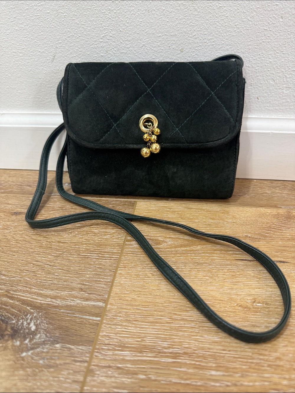 Vintage green suede Crossbody Bag with Gold Accent